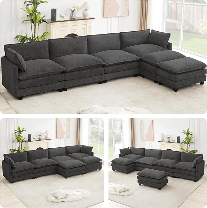 ROWHY Oversized Modular Sectional Couch with 2 Movable Ottoman, 148" Modern Convertible U Shaped Sofa Set, 4 Seat Comfy Cloud Couch with 2 Throw Pillows, for Living Room, Chenille, Charcoal Grey
