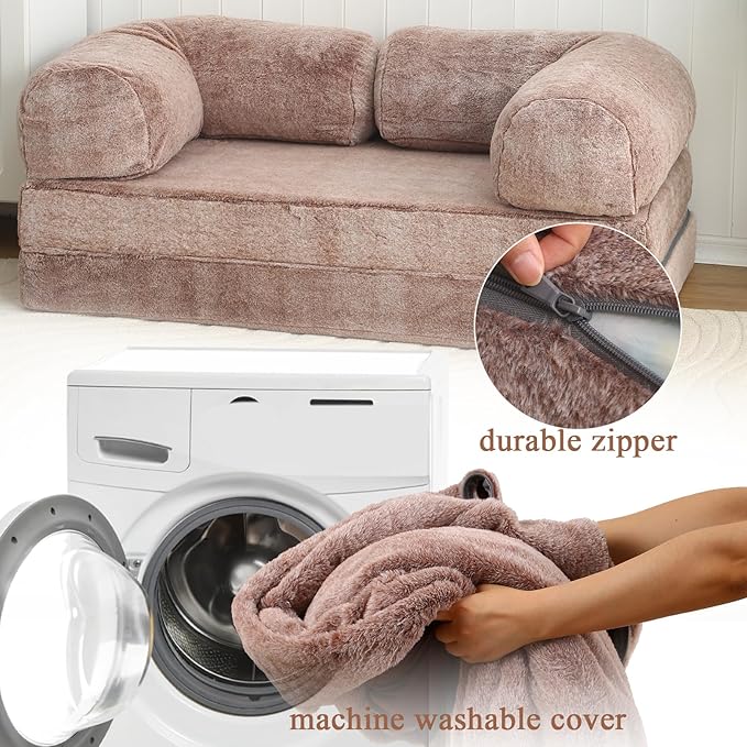 COMAX 4-in-1 Futon Sofa Bed, Queen Size Foldable Couch with L-Shaped Armrests, Convertible Sleeper Chair Bed, Comfortable Lounge Mattress for Living Room and Bedroom, Snow Brown