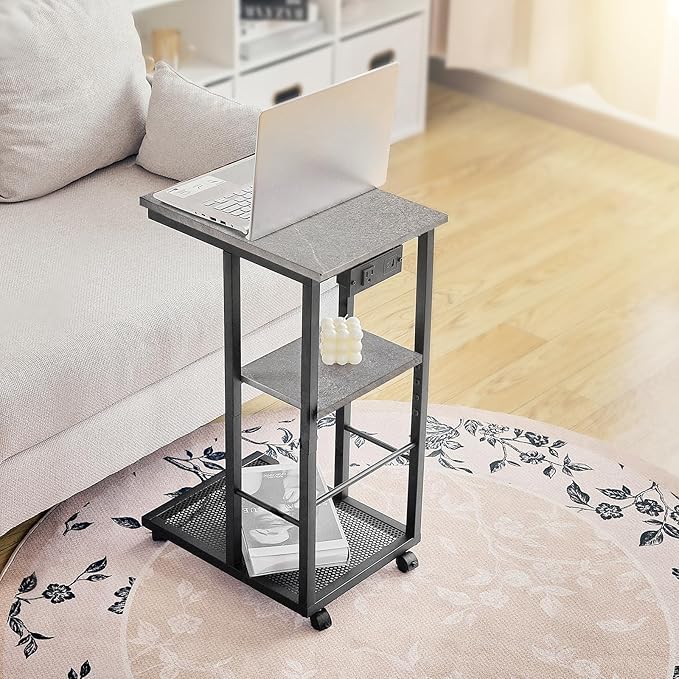 Redlife C Shaped End Table, Small Side Table for Couch C Tables with Charging Station, End Tables with Wheels & Adjustable Fee, Rolling Side Table for Living Room Bedroom (Grey Marble)
