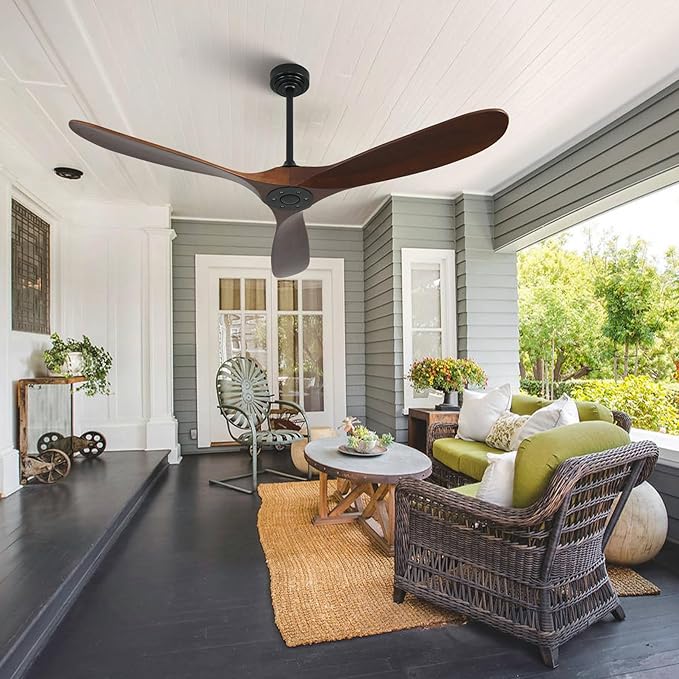 Outdoor Ceiling Fan Without Light, 60 Inch Smart Ceiling Fan with Remote & Voice Control for Alexa/Google, 3-Blade Wood Fan, Quiet DC Motor, 6 Speeds for Patio, Porch, Farmhouse, Dark Walnut