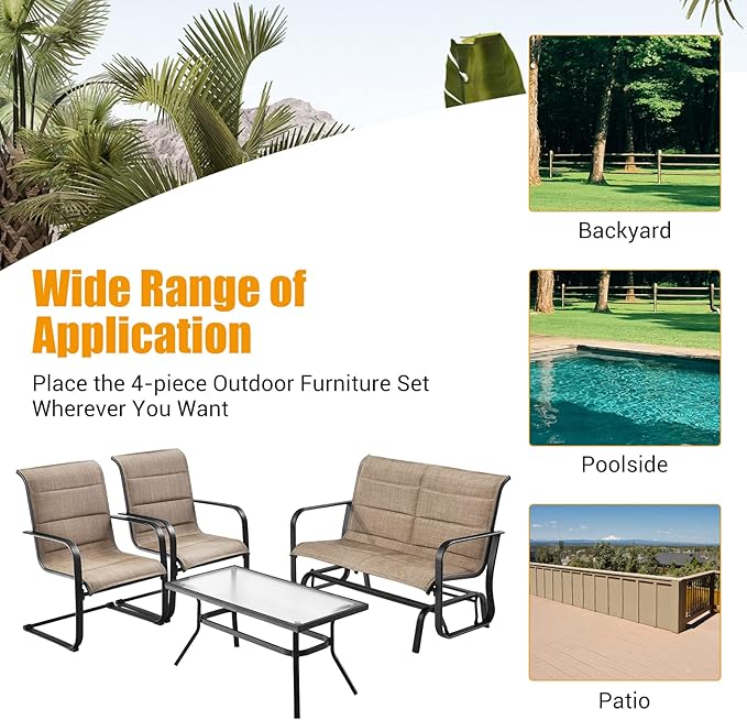 Tangkula 4 Pieces Outdoor Furniture Set, Patio Conversation Set with Coffee Table, 2-Person Swing Glider Loveseat and 2 Spring Motion Dining Chairs, Sectional Sofa Set with Cotton Padded (Brown)