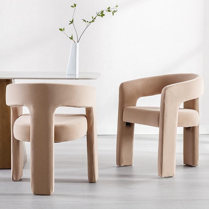 Modern Barrel Dining Chairs Set of 5, Velvet Upholstered Accent Side Chair with Arms Comfy Makeup Vanity Chairs, Dining Living Room Kitchen Chairs, Khaki