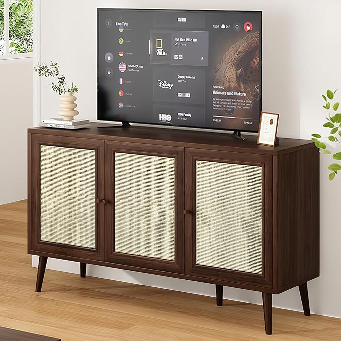 47" Rattan-Door Sideboard Cabinet with Shelf, 3-Door TV Stand Credenza Buffet with Generous Storage, Modern Accent Cabinet for Living Room & Kitchen, Walnut