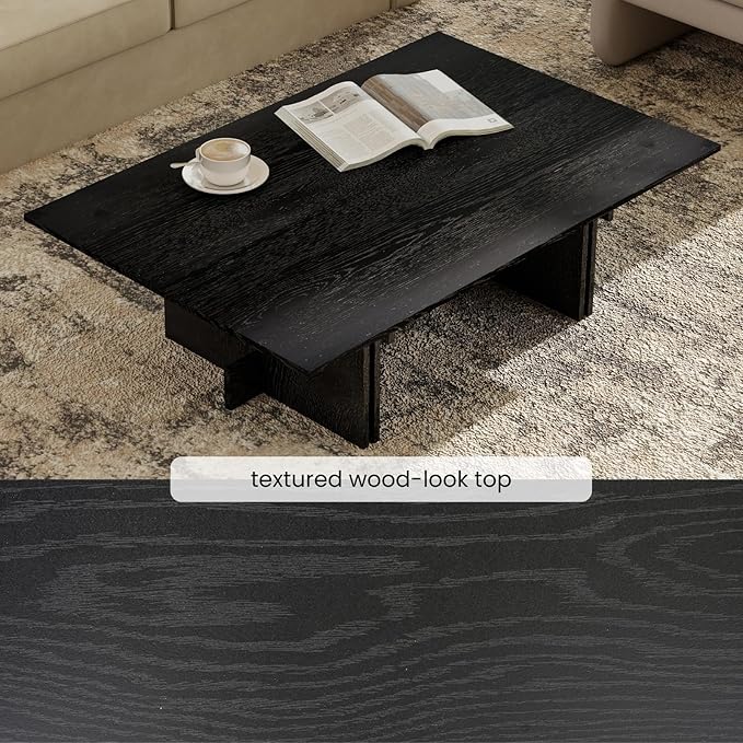 47 Inch Modern Farmhouse Coffee Table, Large Rectangular Wood Center Table with Cross Base for Living Room, Rustic Industrial Cocktail Table, Black