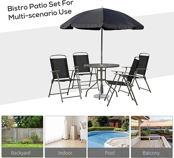Outsunny 6 Piece Patio Dining Set for 4 with Umbrella, Outdoor Table and Chairs with 4 Folding Dining Chairs & Round Glass Table for Garden, Backyard and Poolside, Black