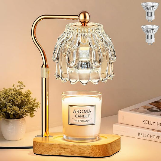 Candle Warmer Lamp with Timer Dimmer, Modern Wax Warmer for Scented Wax Jar Candle Warmer with 2 Bulbs, Adjustable Height Glass Lamp for Gifts for Women, House Warming Gifts, Home Decor, Gold Clear