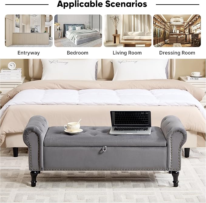 Storage Bench for Bedroom, 51" Upholstered End of Bed Bench, Velvet Queen Size Benches with Rolled Arms, Tufted Button Storage Long Ottoman, Living Room, Entryway, Grey