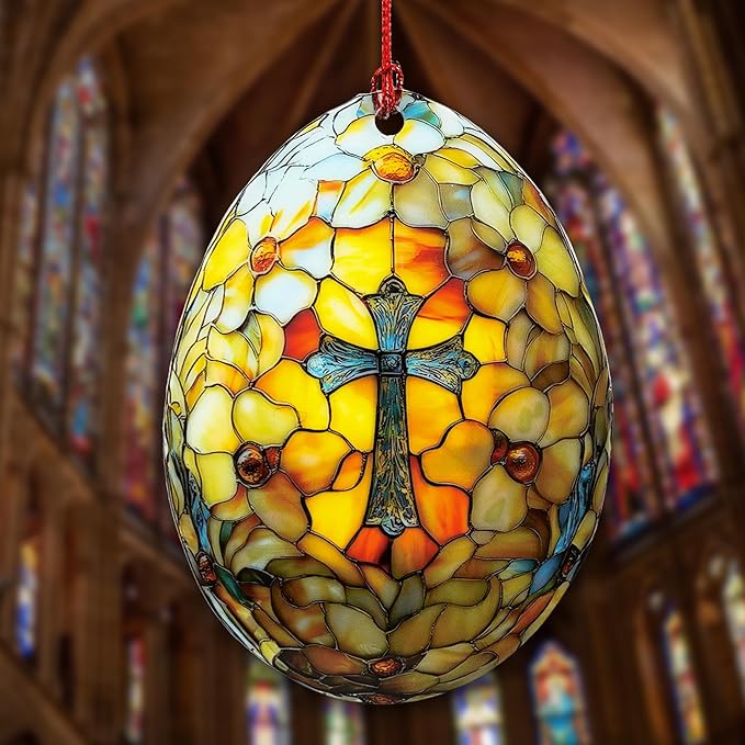 Easter Ornaments for Tree, Easter Basket Stuffers, Egg Ornaments, Suncatcher for Decorations, Windows, Classroom Gifts, He is Risen, Christian Ornament (1, Egg Cross)