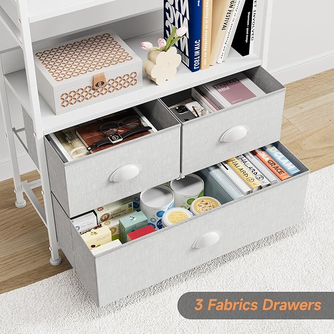 6 Tier Bookshelf, Bookcase with 3 Storage Drawers, Wood and Metal Book Shelf Storage Organizer, Industrial Display Standing Shelf Unit for Bedroom, Living Room, Rustic Brown, White