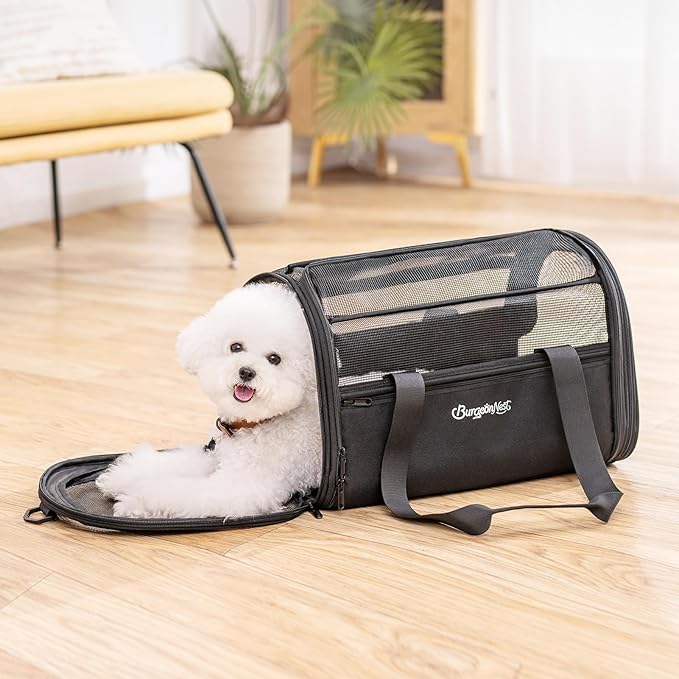 BurgeonNest Soft-Sided Dog Carrier Airplane Approved for Small Dogs Side-Expandable Pet Cat Carrier，Lightweight Puppy Purse 0-15 lbs, 17.7x11x11 Inchs Up to 16lbs, Black