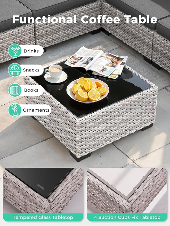 10 Piece Outdoor Wicker Rattan Sectional Sofa Set with Swivel Chairs & Fire Pit Table, 7-Seats with 4" Thickened Cushions & Coffee Table, All-Weather PE Rattan for Garden, Backyard, Porch, Black