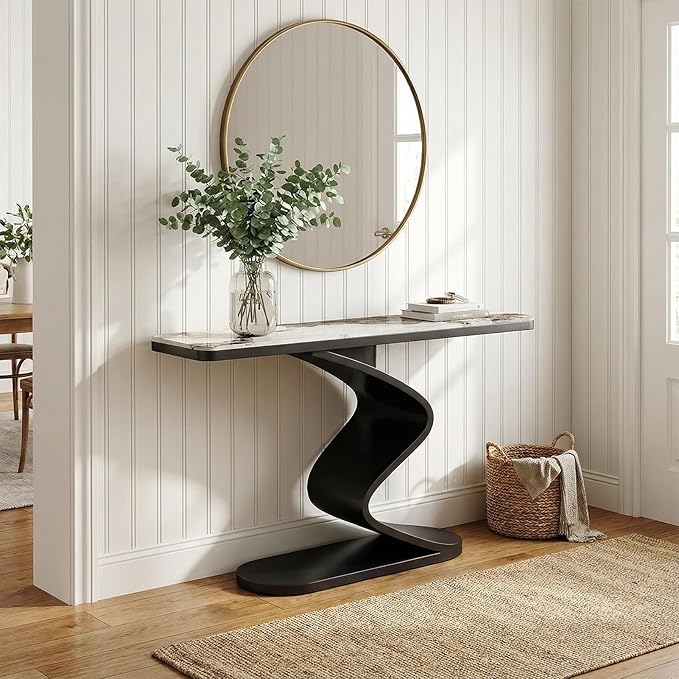 Modern Console Table with Sintered Stone Top, 47" Entryway Table with Sculptural S-Shaped Base Narrow Hallway Sofa Table Behind Couch for Living Room, Accent Furniture(Black,47.2"x11.8"x31.5")