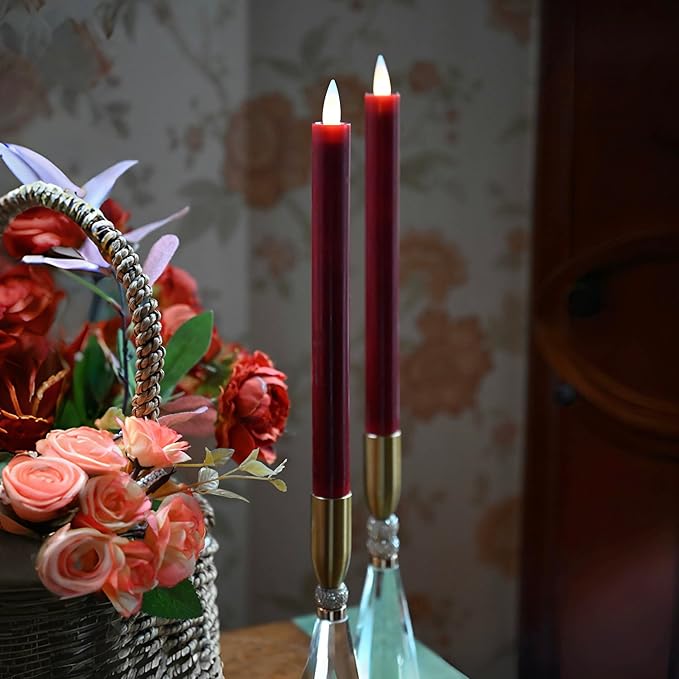 Flameless Taper Candles Flickering with Remote and Timer, 3D Moving Flame Taper Candle Battery Operated to 400 Hours, 9 Inch Window Candles, (Burgundy)