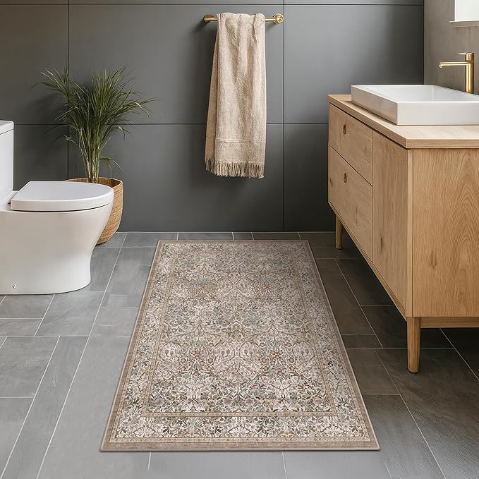 Vintage Moss Green Entryway Rug, 3x5 Washable Area Rugs for Kitchen, Bathroom, Bedroom, Boho Oriental Low Pile Stain Resistant Non-Slip Small Throw Rug