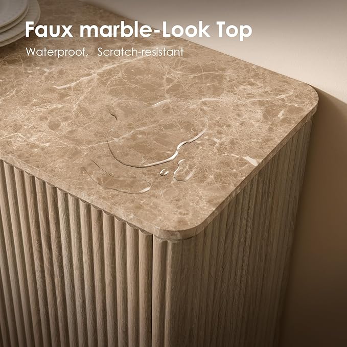 Fluted 2 Doors Sideboard Cabinet with Storage-Wooden Credenza w/Shelves, Faux Marble-Top Coffee Bar Console Table, Modern Buffet Cabinet for Dining, Kitchen, Living Room, Entryway, Natural Oak, 2pcs