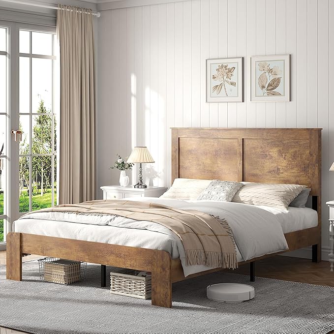 Wooden Bed Frame Full Size with Headboard, Farmhouse Platform Bedframe with Wood Slat Support, Sturdy Framework Bed Frame, Easy Assembly (Rustic Brown)