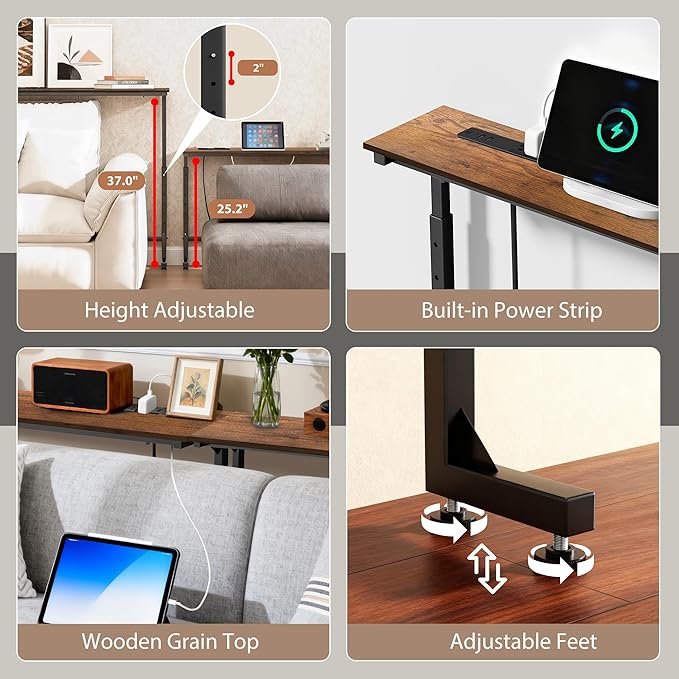 39 inch Narrow Console Table with Outlet,Adjustable Height(25"-37") Behind Sofa Table,Couch Behind Table Skinny,Couch Shelf with Charging Station,Long Entryway Tables for Living Room,Brown