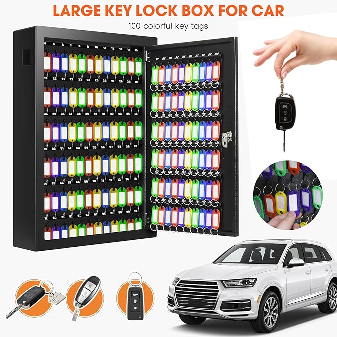 150 Keys Cabinet Organizer Wall Mount, Heavy Duty Key Lock Box with Key Hooks & 150 Tags Key Labels, Security Lockbox for Valets, Hotels, Car, Office Key Management & Storage