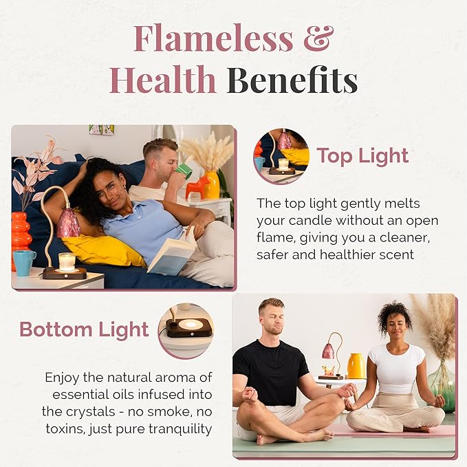 CRYSTALAX Candle Warmer Lamp with Rose Quartz Crystals – Luxury Flameless Candle Melting Lamp for Home Décor, Aromatherapy & Relaxation – Timer, Touch Sensor & 2 Bulbs Included with luxury gifting box