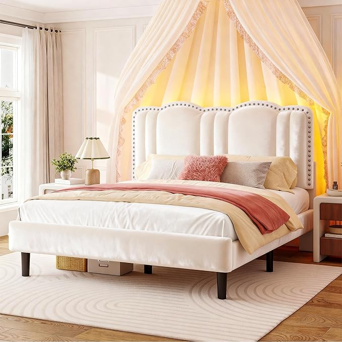 EnHomee Queen Bed Frame with LED and Velvet Headboard, Bed Frame Queen Size with Adjustable Cute Cloud Headboard, Strong Support, Noise Free, No Box Spring Needed, Easy Assembly, Cream