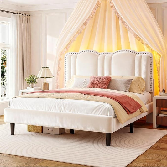 EnHomee Queen Bed Frame with LED and Velvet Headboard, Bed Frame Queen Size with Adjustable Cute Cloud Headboard, Strong Support, Noise Free, No Box Spring Needed, Easy Assembly, Cream