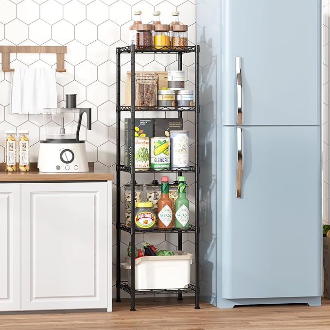 HOMEFORT Storage Shelves, 5-Wire Shelving, Metal Shelving Unit Adjustable Storage Shelves Rack for Kitchen, Pantry, Bathroom, Black, 11.4" W x 11.4" D x 46" H