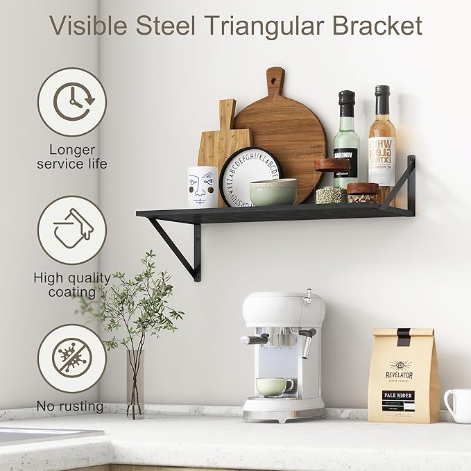 Deep Floating Shelves, 12 Inch Deep Floating Shelves for Wall, 24"W x 12"D Wall Shelves for Books, Rustic Black Wooden Shelves, Large Wide Display Shelf for Bathroom, Living Room, Bedroom, Set of 2