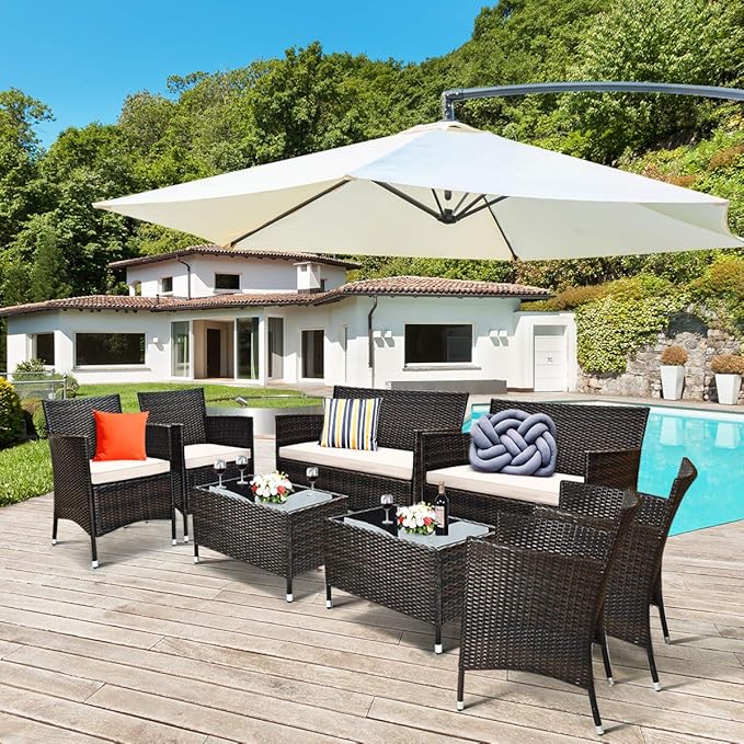 Tangkula 8 PCS Patio Rattan Conversation Set, Outdoor Wicker Furniture Set with Tempered Glass Coffee Table &Thick Cushion, Rattan Chair Wicker Set for Garden, Lawn, Poolside and Backyard (2, Brown)