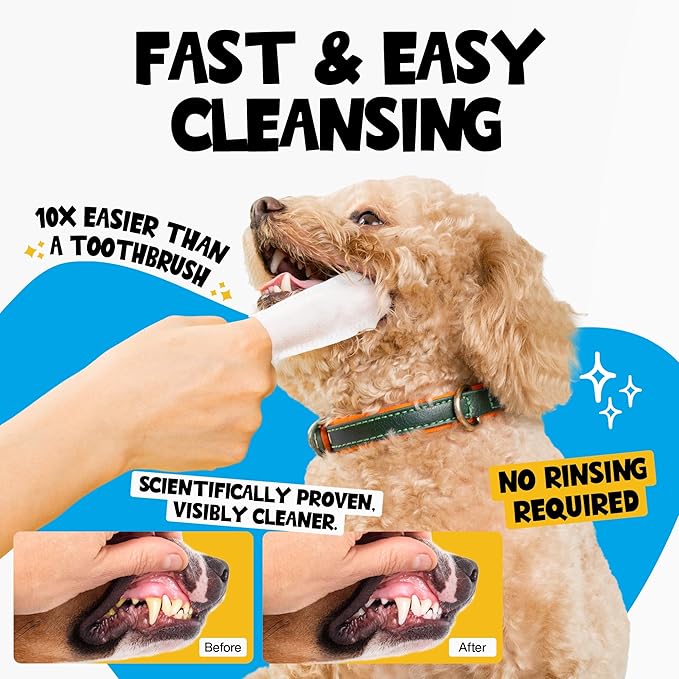 Dog Teeth Cleaning Wipes 60 Packs - Dental Wipes to Reduce Plaque & Tartar for Dogs & Cats - Mint Pet Dental Wipes for Oral Freshness - Dog Tooth Brushing Kit Dental Wipes