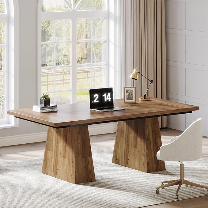Tribesigns 63-Inch Executive Desk, Large Office Computer Desk with Double Pedestal, Modern Simple Workstations Writing Table Conference Table Business Furniture for Home Office, Light Brown