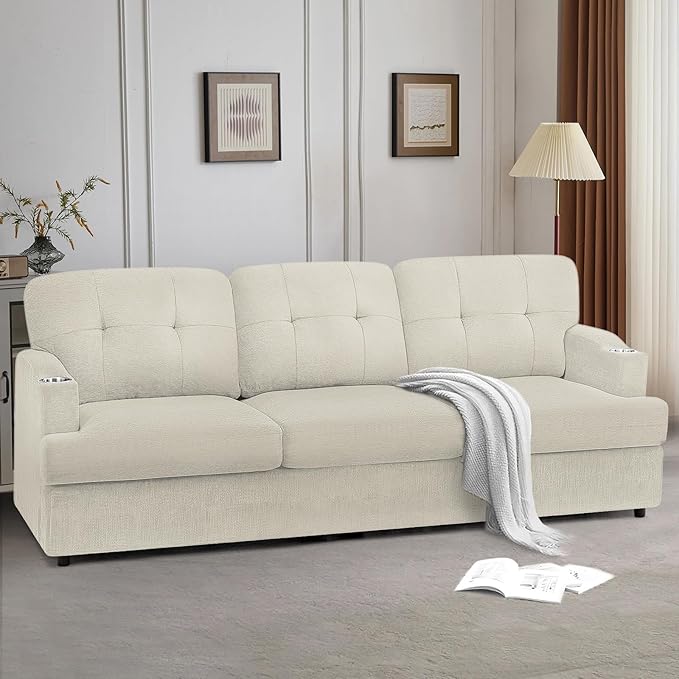 89" Chenille Modern Sofa with Cup Holder, Tufted Upholstered Couch with Thickened Cushions, Comfy 3 Seater Sofa with Deeper Seat for Living Room, Apartment,Beige