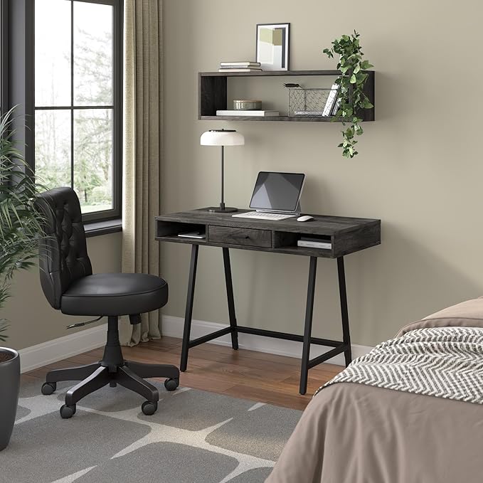 Bush Furniture Steele 40W Writing Desk in Dark Gray Hickory | Compact Computer Table with Storage for Home Office, Study Room, or Entryway