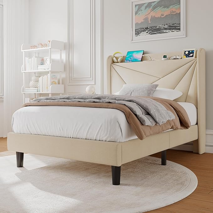Twin Size Upholstered Bed Frame with Charging Station, Platform Bed Frame with Storage Headboard, Solid Wood Slats Support, No Box Spring Needed, Beige
