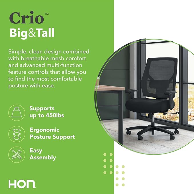HON Crio Big and Tall Office Chair, 450lbs Weight Capacity, Extra Wide Ergonomic Desk Chair, Heavy Duty Tilt Recline, Swivel Wheels, Comfortable for Long Hours