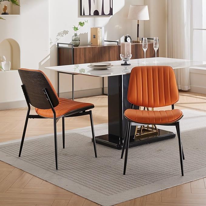Dining Chairs Set of 2, Mid Century Modern Dining Room Chairs, Upholstered PU Leather Vertical Stripe Kitchen Chair with Walnut Bentwood and Metal Legs, Orange