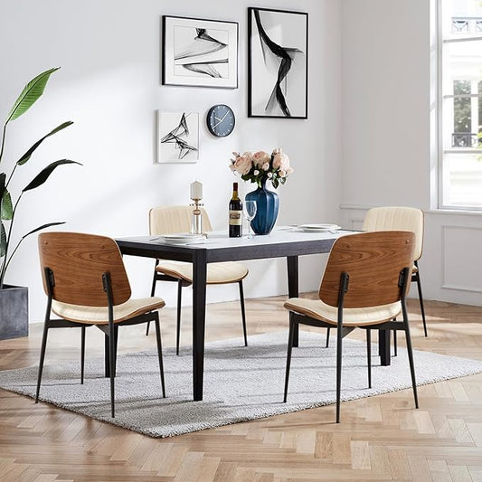 LUNLING Dining Chairs Set of 4 Mid Century Modern Retro Faux Leather Chairs with Walnut Bentwood Upholstered Seat Metal Legs Chair,Adjustable Foot for Kitchen Dining Room Chairs(Beige)