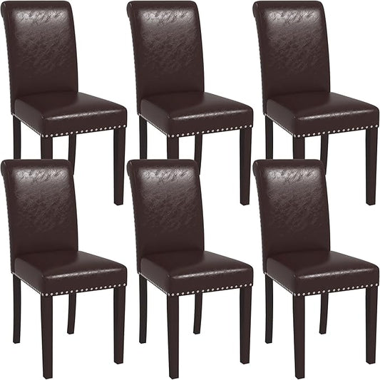 Westice Dining Room Chairs Set of 6 Upholstered PU Leather Kitchen Chairs Dining Room Side Chair with Nailhead Trim and Rubber Wood Legs for Small Space Apartment, Brown
