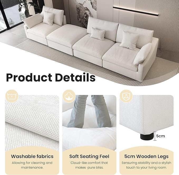 WJShome 83" Cloud Couch Sectional for Living Room, Down Filled Modular Sectional Sofa,L Shaped Sofas with Ottoman,Convertible Couch, Sofa Covers Washable&Replaceable,White