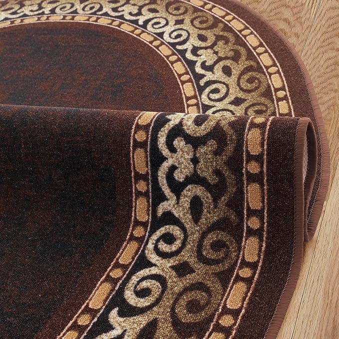 Antep Rugs Alfombras Bordered Modern 5x7 Non-Slip (Non-Skid) Low Pile Rubber Backing Indoor Area Rug (Brown, 5' x 7' Oval)