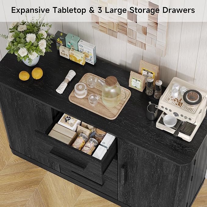 ONBRILL 47" Curved Buffet Cabinet with Storage and 3 Drawers, Large Sideboard Buffet Storage Cabinet with 2 Doors, Modern Coffee Bar Table for Dining Room, Living Room, Entryway (Black)