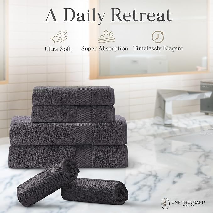 Premium Staple Cotton Bathroom Towel Set - Dark Gray 600 GSM 6-Piece Luxury Bath Towel Set 1 Stripe - 2 Bath Towels, 2 Hand Towels & 2 Washclothes Set - High Absorbent & Quick Dry for Gym, Spa, Hotel