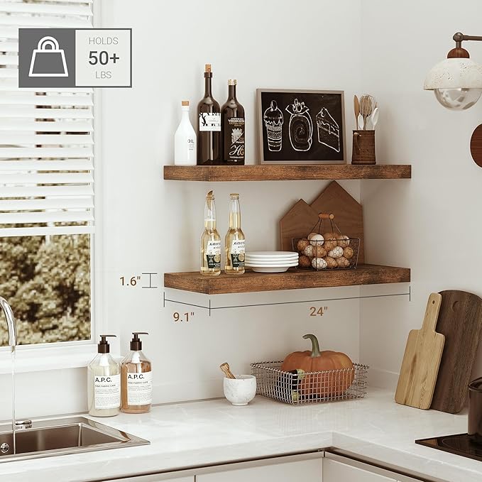 Vivelove 24 inchs Bathroom Floating Shelves for Wall, 9.1” Deep x 1.6” Thick Wall Shelves for Bedroom, Living Room, Kitchen, Office, Rustic Farmhouse Shelf Decor with Invisible Bracket, Set of 2