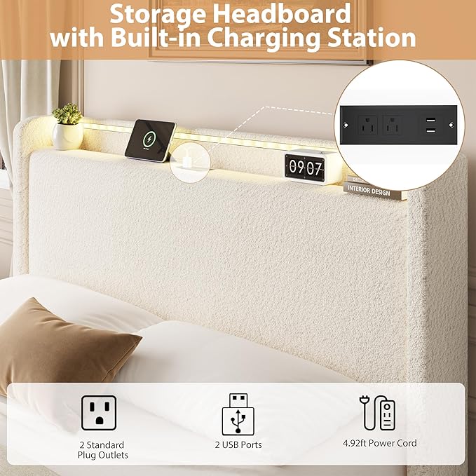 Full LED Bed Frame with 4 Storage Drawers and Storage Headboard, Soft Boucle Upholstered Platform Bed Frame with Charging Station and USB Ports, Solid Wood Slats Support, No Box Spring Needed, Cream