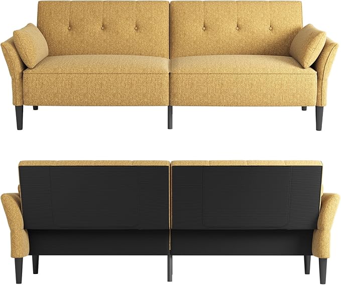 89” Futon Sofa Bed,Comfy Futon Couch Bed with 2 Square Pillows,Convertible Sleeper Sofa with Adjustable Backrest& Armrests, Modern Loveseat Sleeper for Living Room, Bedroom, Linen Yellow