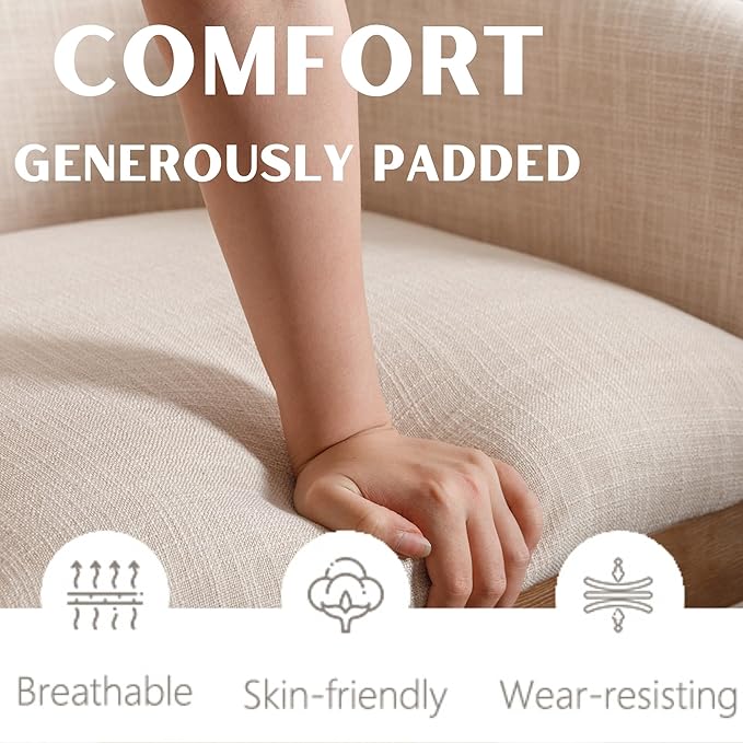 Beige Mid Century Modern Dining Chairs Set of 4, Farmhouse Linen Upholstered Accent Curved Backrest Kitchen Chairs Armchairs with Natural Wood Legs, Beige