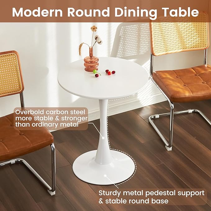 Round Dining Tulip Table for 2, Mid-Century Modern Table with Sturdy Metal Pedestal for Kitchen, Bistro, Cafe, Leisure (White, 24 INCH)
