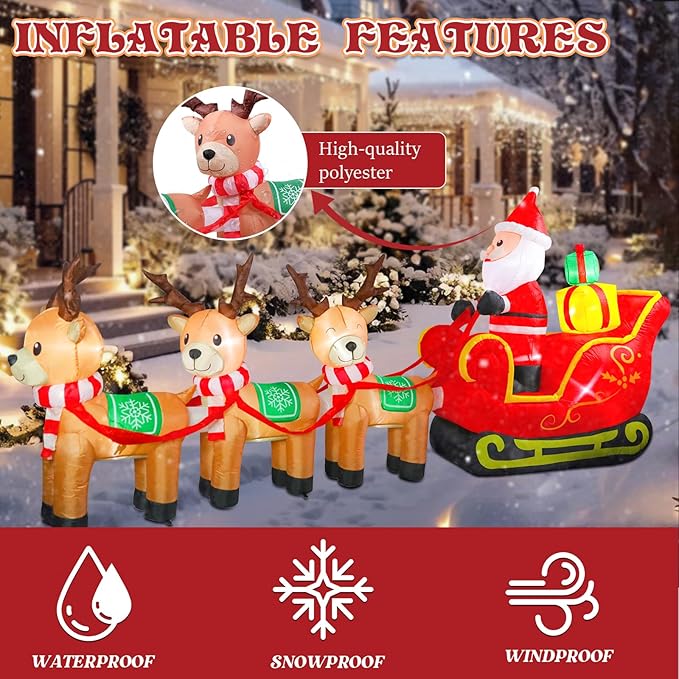Bshine Christmas Inflatable Outdoor Decorations,12FT Long Santa Claus on Sleigh with Reindeer Deer Sign, Christmas Blower Up with LED Lighted for Holiday Outdoor/Indoor Home Garden Yard Lawn Decor