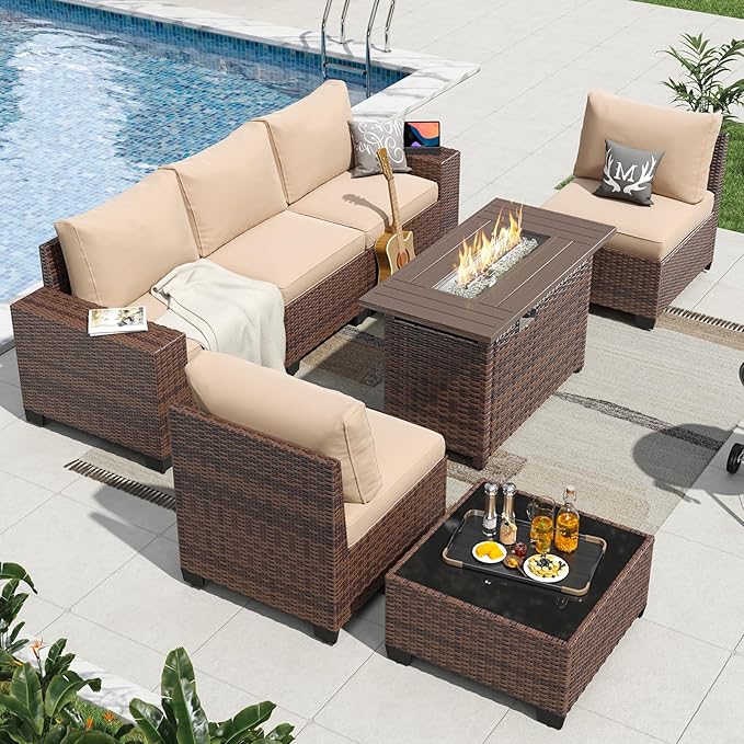 Aoxun 7 Pieces Patio Furniture Set with 44” Fire Pit Table Wicker Rattan Outdoor Sectional Conversation Set with Coffee Table and 4” Thickened Cushions, Beige (Waterproof Cover Included)
