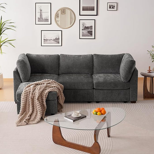 TEKAMON 96" Modular Sectional Sofa with Ottoman,Large Comfy Cloud 3-Seat Deep Seat, Reversible Chaise Modular Sectional Couches for Living Room and Apartmenr,Grey