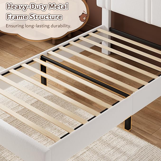iPormis Twin Size Bed Frame with Velvet Upholstered Headboard & Thickened Legs, Twin Platform Bed Frame w/Solid Wooden Slats Support, Noise Free, No Box Spring Needed, White